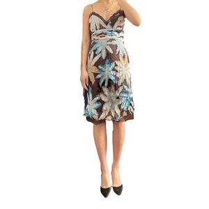 Badgley Mischka Silk Flower Print Bubble Hem Dress with Lace Trimming Size US 6